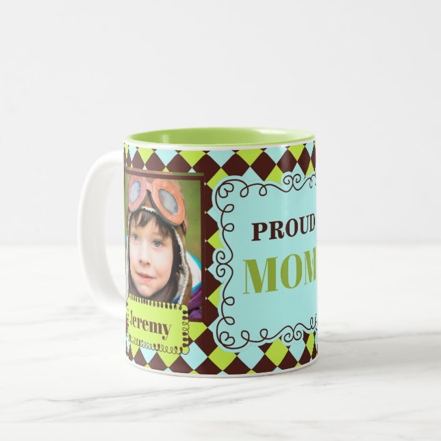 Proud MOM Green and Brown 2 Photo Two-Tone Coffee Mug (Front Left)