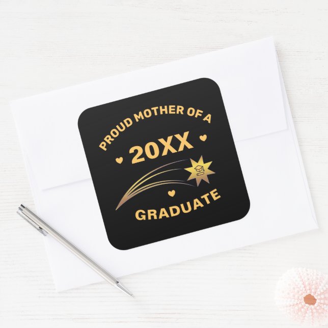 Proud Mother Of Grad Graduate Year Gold Black Square Sticker (Envelope)