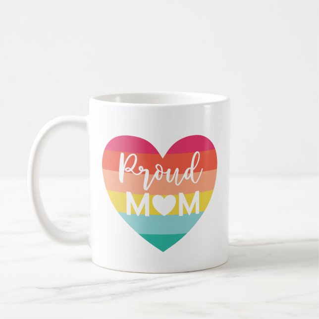 Proud Mum Gay Pride Colourful Rainbow Heart Coffee Mug (Left)