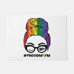 Proud Mum Messy Hair Bun LGBTQ Rainbow Flag Gay Pr Doormat