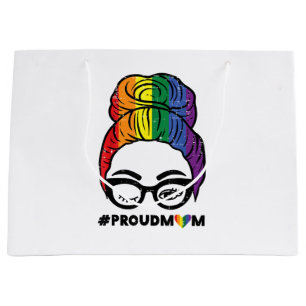 Proud Mum Messy Hair Bun LGBTQ Rainbow Flag Gay Pr Large Gift Bag