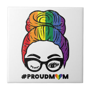 Proud Mum Messy Hair Bun LGBTQ Rainbow Flag Gay Pr Tile