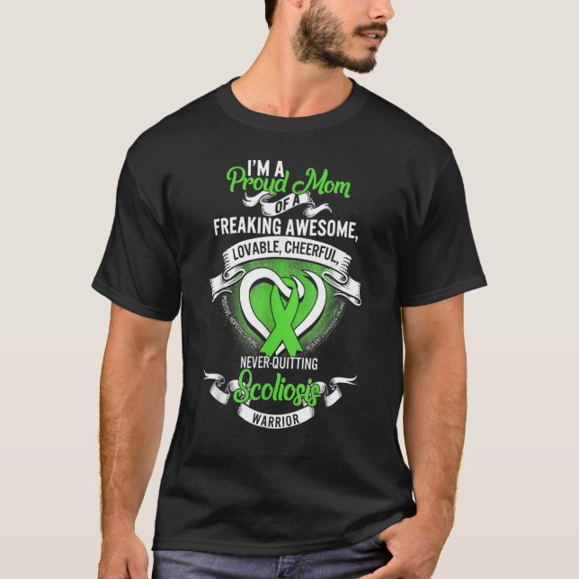 Proud Mum Of Scoliosis Warrior Green Ribbon T-Shirt (Front)