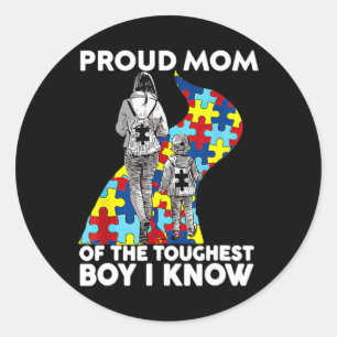 Proud Mum Of The Toughest Boy I Know Autism Awaren Classic Round Sticker