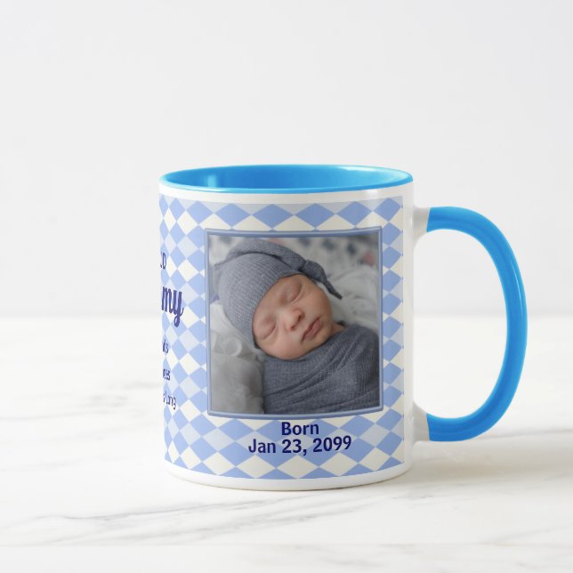 Proud New Mummy Blue Argyle Baby Photo Mug (Right)