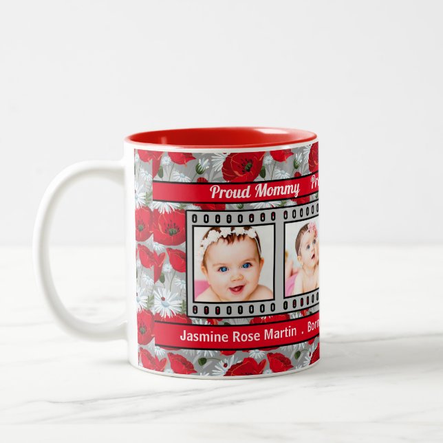 Proud New Mummy Red Poppies 4 Photo Two-Tone Coffee Mug (Left)