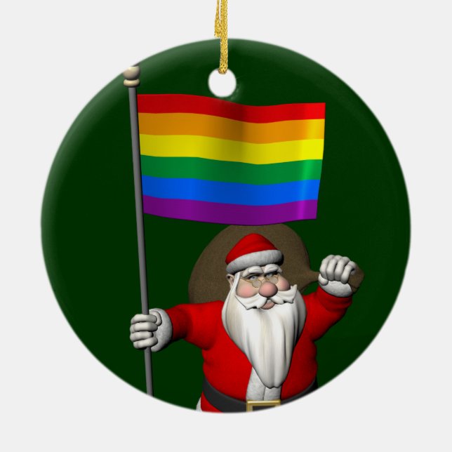 Proud Santa Claus With Rainbow Flag Ceramic Tree Decoration (Back)