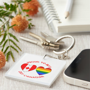 Proud to be a Gay Canadian Hearts USA Canada Flags Key Ring