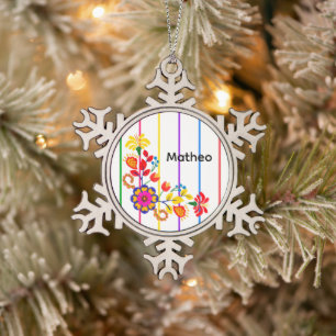 Proud to Be Latino Baby shower Floral & stripe Snowflake Pewter Christmas Ornament