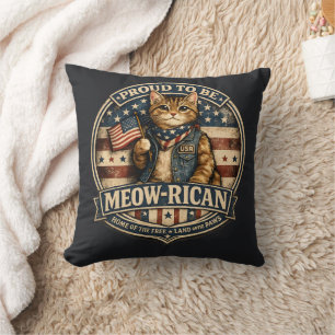 Proud to be Meow-rican American Flag Cat  Cushion
