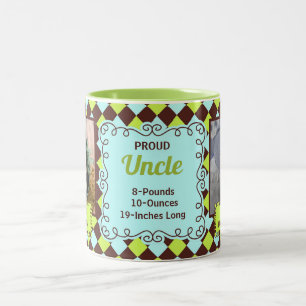 Proud Uncle Green and Brown Arglye Photos Two-Tone Coffee Mug