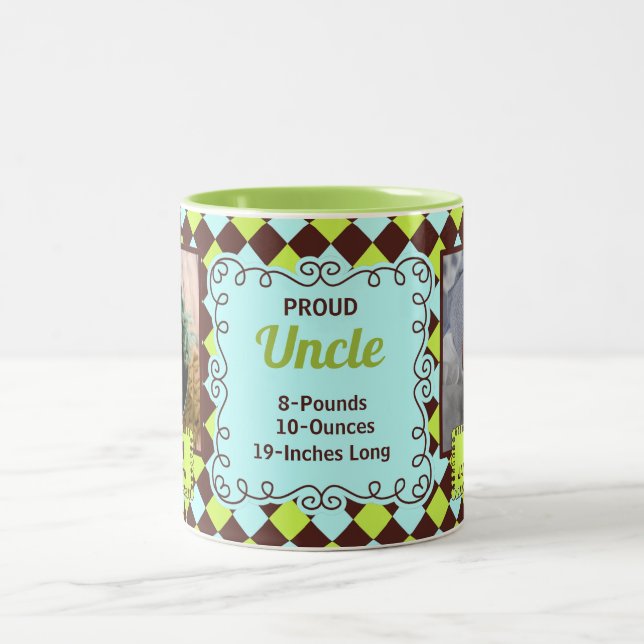 Proud Uncle Green and Brown Arglye Photos Two-Tone Coffee Mug (Center)