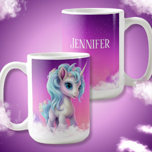 Proud Unicorn on clouds, pink sky,stars & name Coffee Mug