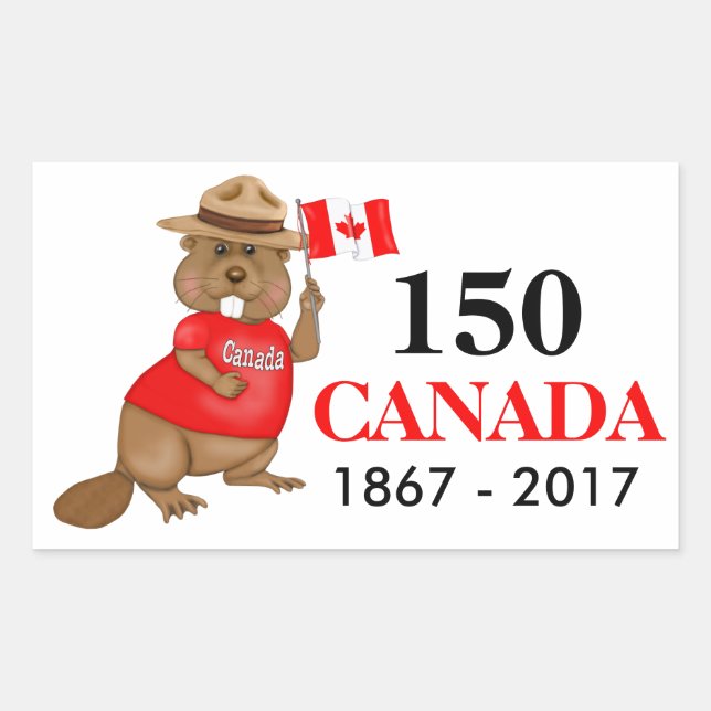 Proudly Canadian Beaver 150 Anniversary Rectangular Sticker (Front)