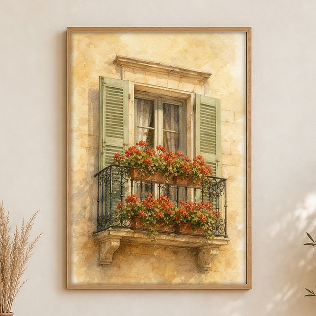 Provence Balcony Watercolour Traditional Poster (Shown framed for scale. Poster ships unframed; frames are an optional add-on.)