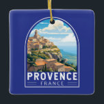 Provence France Travel Art Vintage Ceramic Ornament<br><div class="desc">Provence retro vector travel design. Provence is a historical and cultural region in southeastern France. Known for its diverse landscapes,  from the Southern Alps and Camargue plains to rolling vineyards,  olive groves,  pine forests and lavender fields.</div>