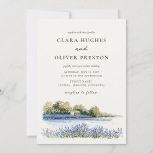 Provence Lavender Lake Watercolor Spring Wedding Invitation