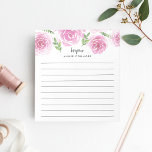 Provence Rose | Pink Floral Personalised Lined Notepad<br><div class="desc">Chic floral notepad features a top border of pink watercolor roses and green leaves. Personalise with two lines of custom text in modern block and calligraphy lettering; shown with the French greeting "bonjour" and your name. Lined.</div>