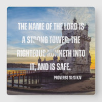 Proverbs 18:10 Bible Verse Square Wall Clock