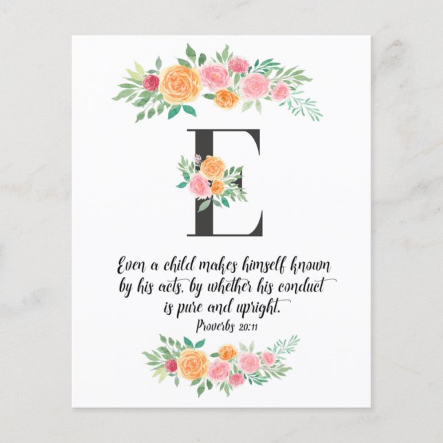 Proverbs 20:11, Letter E,Watercolor scripture card (Front)