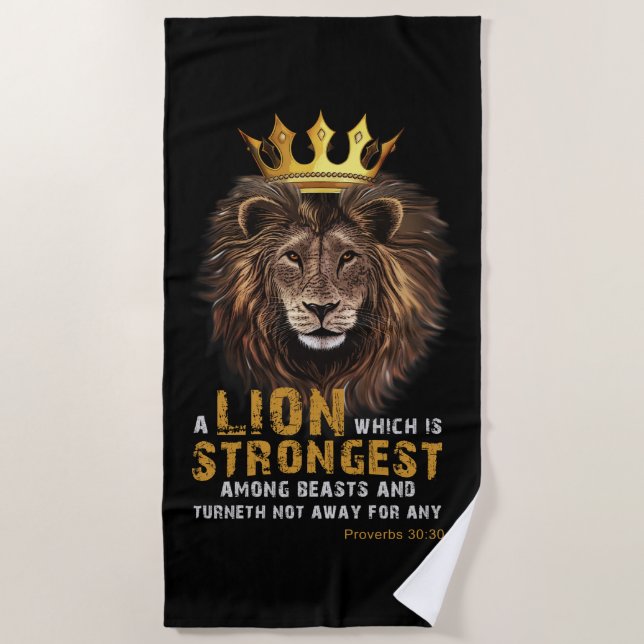 Proverbs 30:30 KJV Bible Scripture Quote Beach Towel (Front)