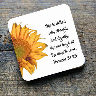Proverbs 31:25 Bible Verse Half Sunflower Custom Square Paper Coaster