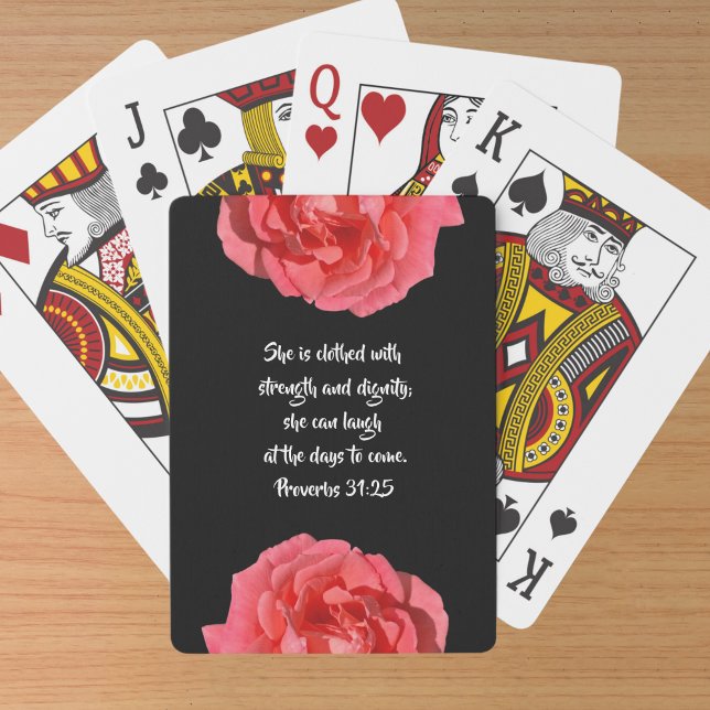 Proverbs 31:25 Bible Verse Red Rose On Black Playing Cards (Creator Uploaded)