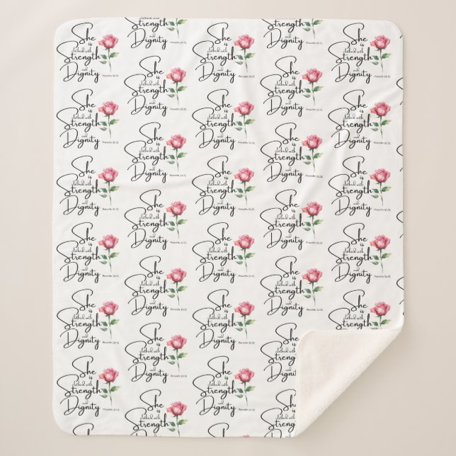 Proverbs 31:25 Flower Bible Verse Seamless Pattern Sherpa Blanket (Front)