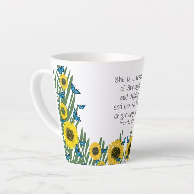 Proverbs 31:25 Religious Christian Butterflies Latte Mug (Left Angle)