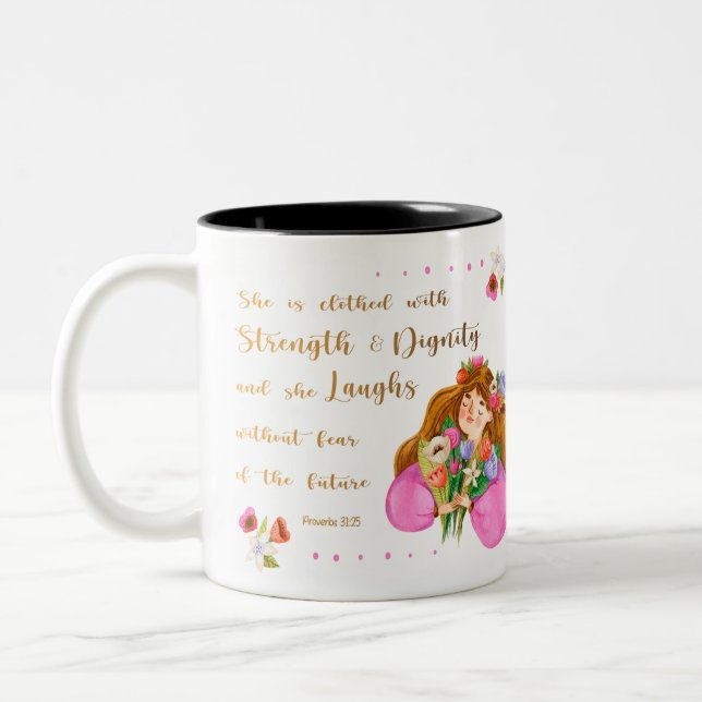 Proverbs 31:25 She is clothed with strength Notebo Two-Tone Coffee Mug (Left)