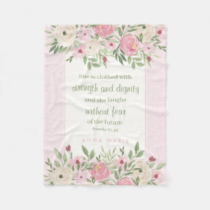 Proverbs 31:25 Soft Pink Watercolor Floral Fleece Blanket