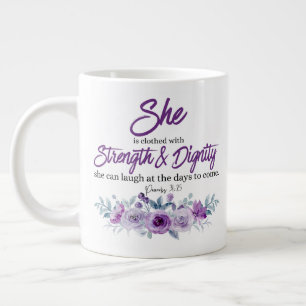 Proverbs 31:25 Strength and Dignity Purple Flower Large Coffee Mug