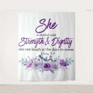 Proverbs 31:25 Strength and Dignity Purple Flower Tapestry