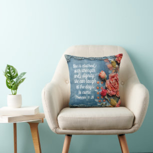 Proverbs 31:25 Throw Pillow Inspiring Bible Verse