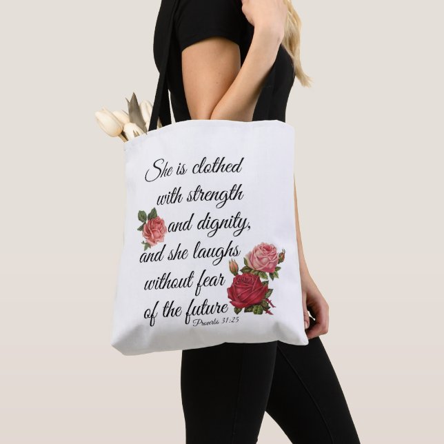 Proverbs 31:25 tote bag (Close Up)