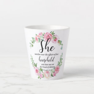 Proverbs 31:27 Mother's Day Scripture Pink Floral Latte Mug