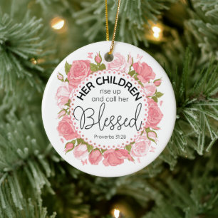 Proverbs 31:28 Mother's Day Scripture Pink Flowers Ceramic Tree Decoration