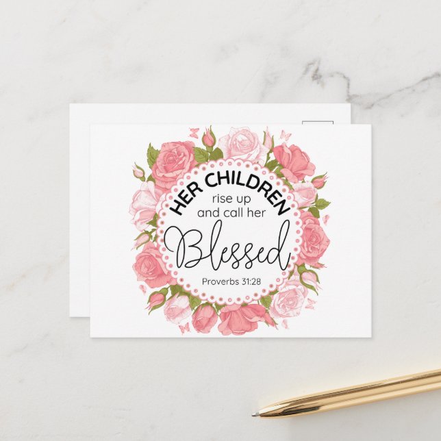 Proverbs 31:28 Mother's Day Scripture Pink Flowers Postcard (Front/Back In Situ)