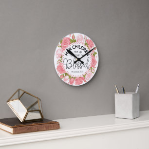 Proverbs 31:28 Mother's Day Scripture Pink Flowers Round Clock