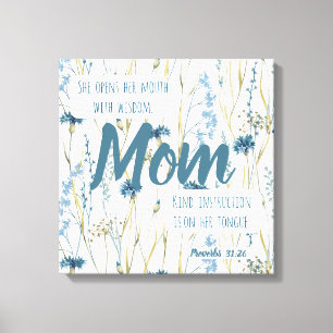 Proverbs 31 Mum Blue & Gold Flowers Canvas Print