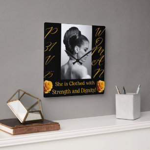 PROVERBS 31 WOMAN BLACK & YELLOW SQUARE CLOCK