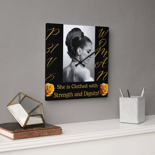 Proverbs 31 Woman Black & Yellow Square Clock (Office)