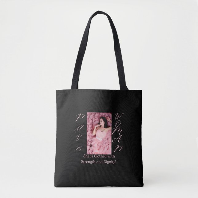 Proverbs 31 Woman Pink & Black Tote Bag (Front)