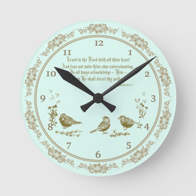 Proverbs 3:5-6 Wall Clock with Birds, Flowers (Front)