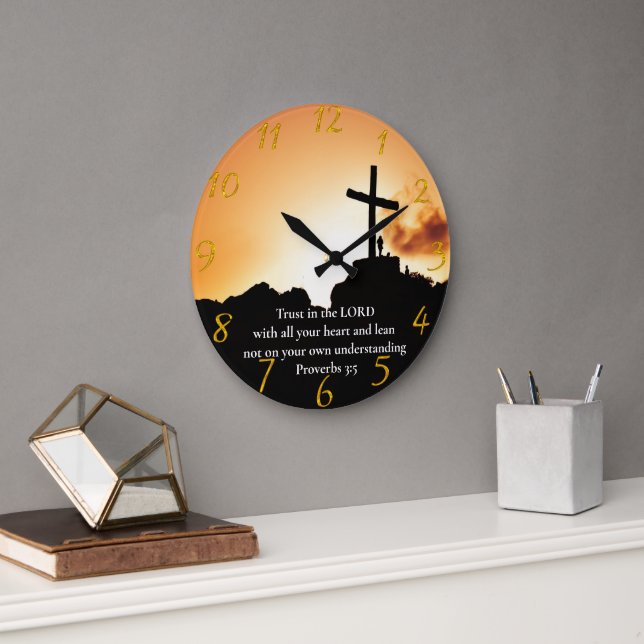 Proverbs 3:5 cross on a mountain  large clock (Office)