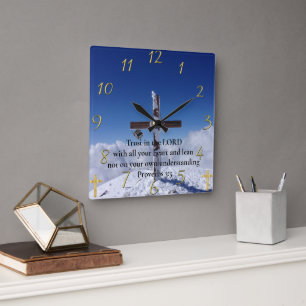 Proverbs 3:5 moutain peak cross  square wall clock