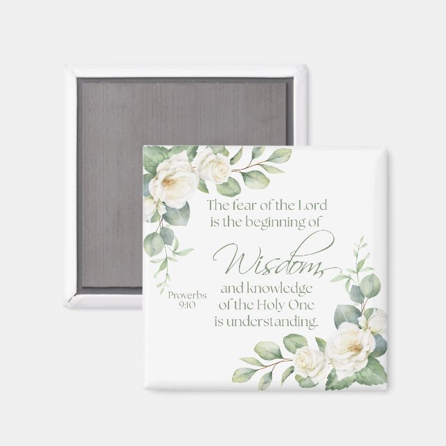 Proverbs 9:10 Eucalyptus White Roses Sage Green Magnet (Front/Back)