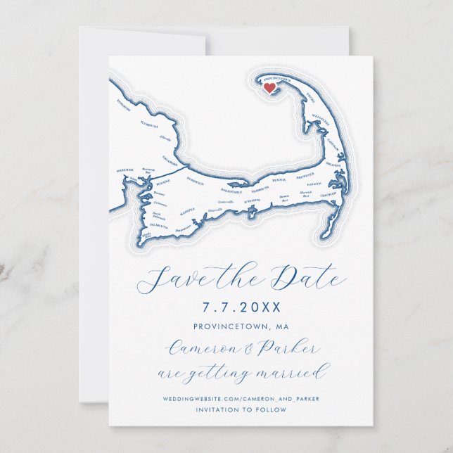 Provincetown MA Cape Cod Map Navy Blue Wedding Save The Date (Front)