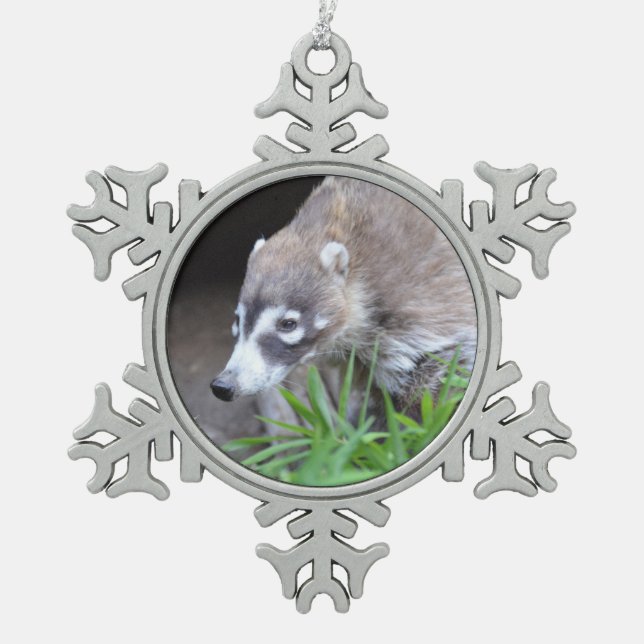 Prowling Coati Snowflake Pewter Christmas Ornament (Front)