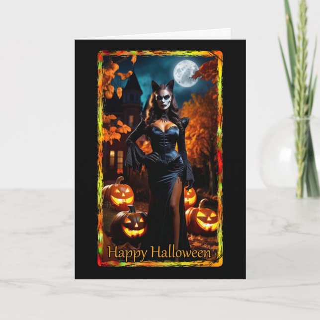 Prowling Kitty Costume Halloween Card (Front)